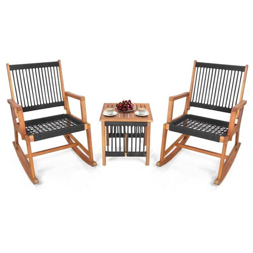 3-Piece Acacia Wood Rocking Bistro Set with Hand-Woven Rope Seats