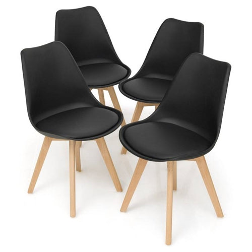 Set of 4 Black Mid-Century PU Leather Dining Chairs with Wood Legs