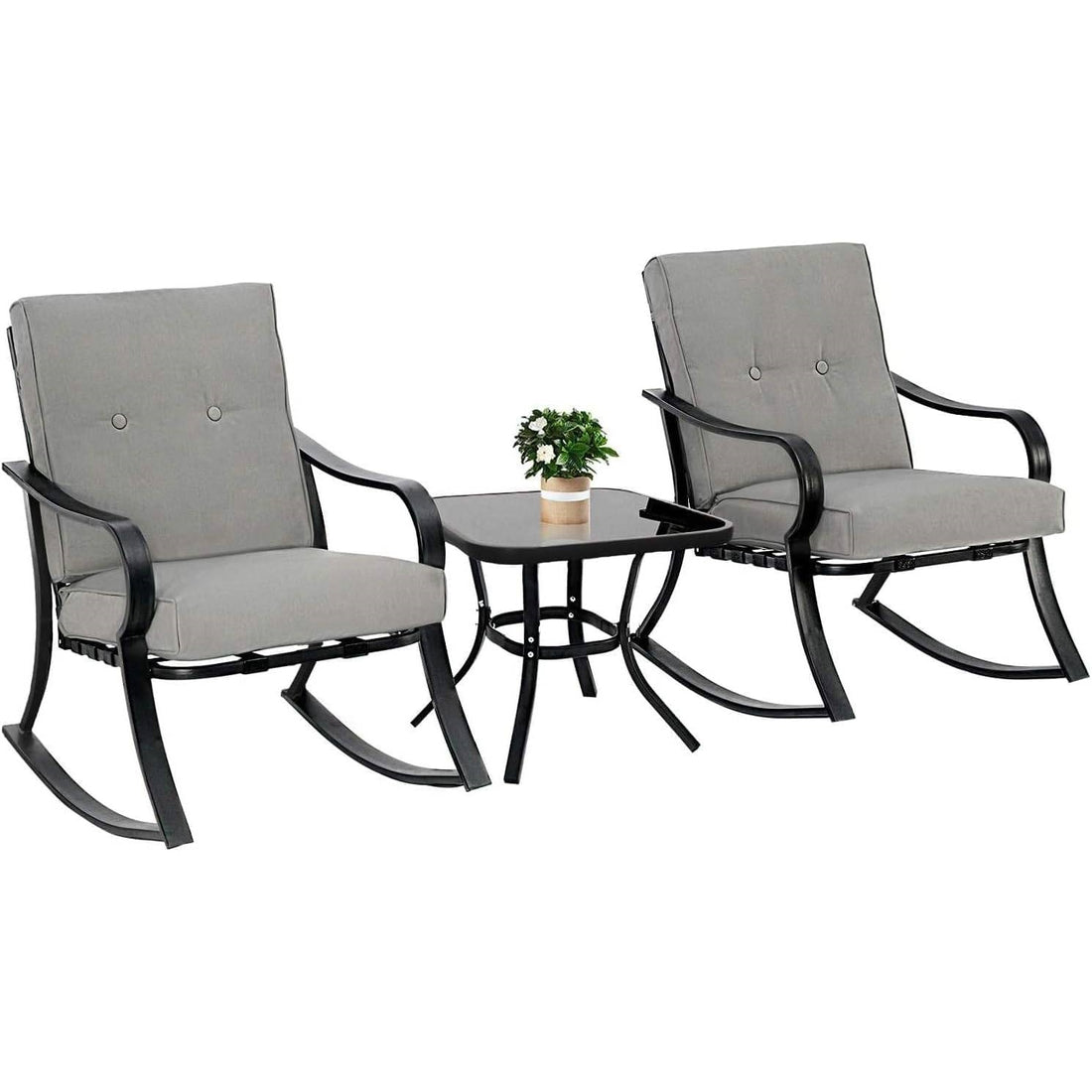 3-Piece Patio Rocking Chair Set with Grey Cushions