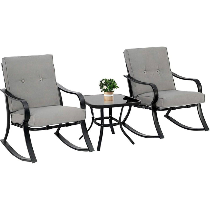 3-Piece Patio Rocking Chair Set with Grey Cushions