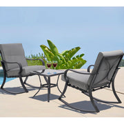 3-Piece Patio Rocking Chair Set with Grey Cushions