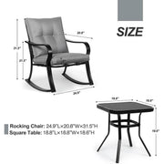 3-Piece Patio Rocking Chair Set with Grey Cushions