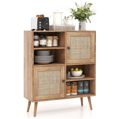Mid-Century Rattan-Door Sideboard Buffet Cabinet