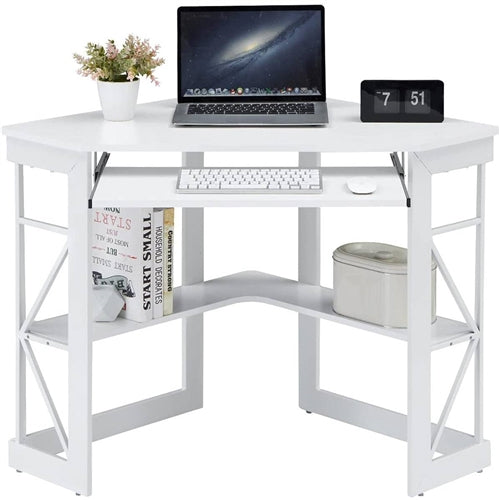 White Corner Computer Desk with Keyboard Tray & Storage Shelves